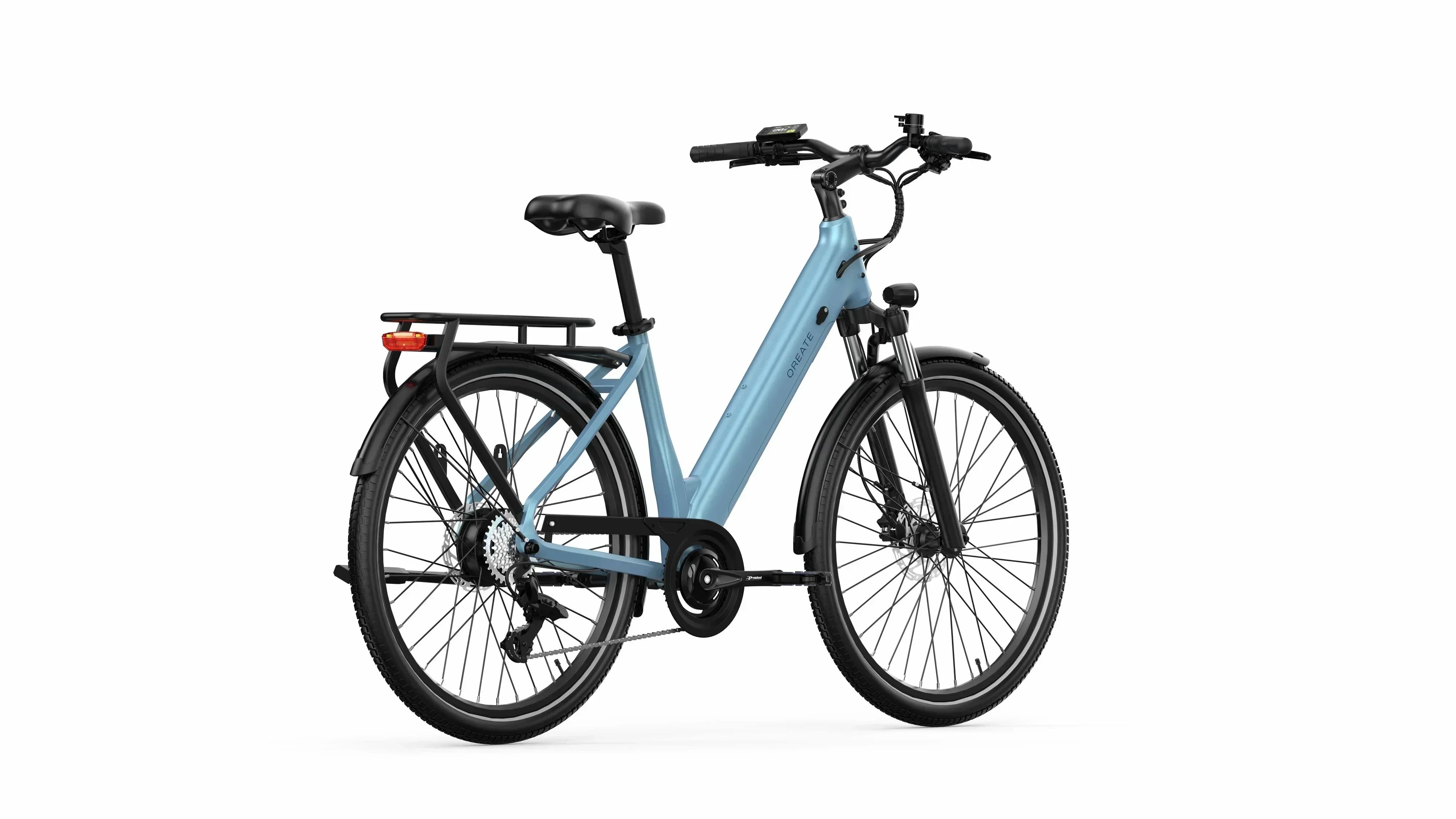 back view of Surf Blue A-Spadz Qreate City Air Electric Bike on a white background