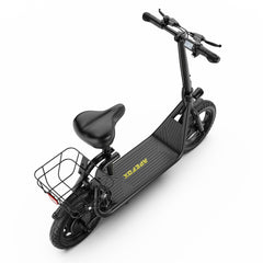 A black APEFOX C14 E Scooter with a rear wire basket, black seat, and yellow 'APEFOX' branding on the deck, shown on a clean white background.