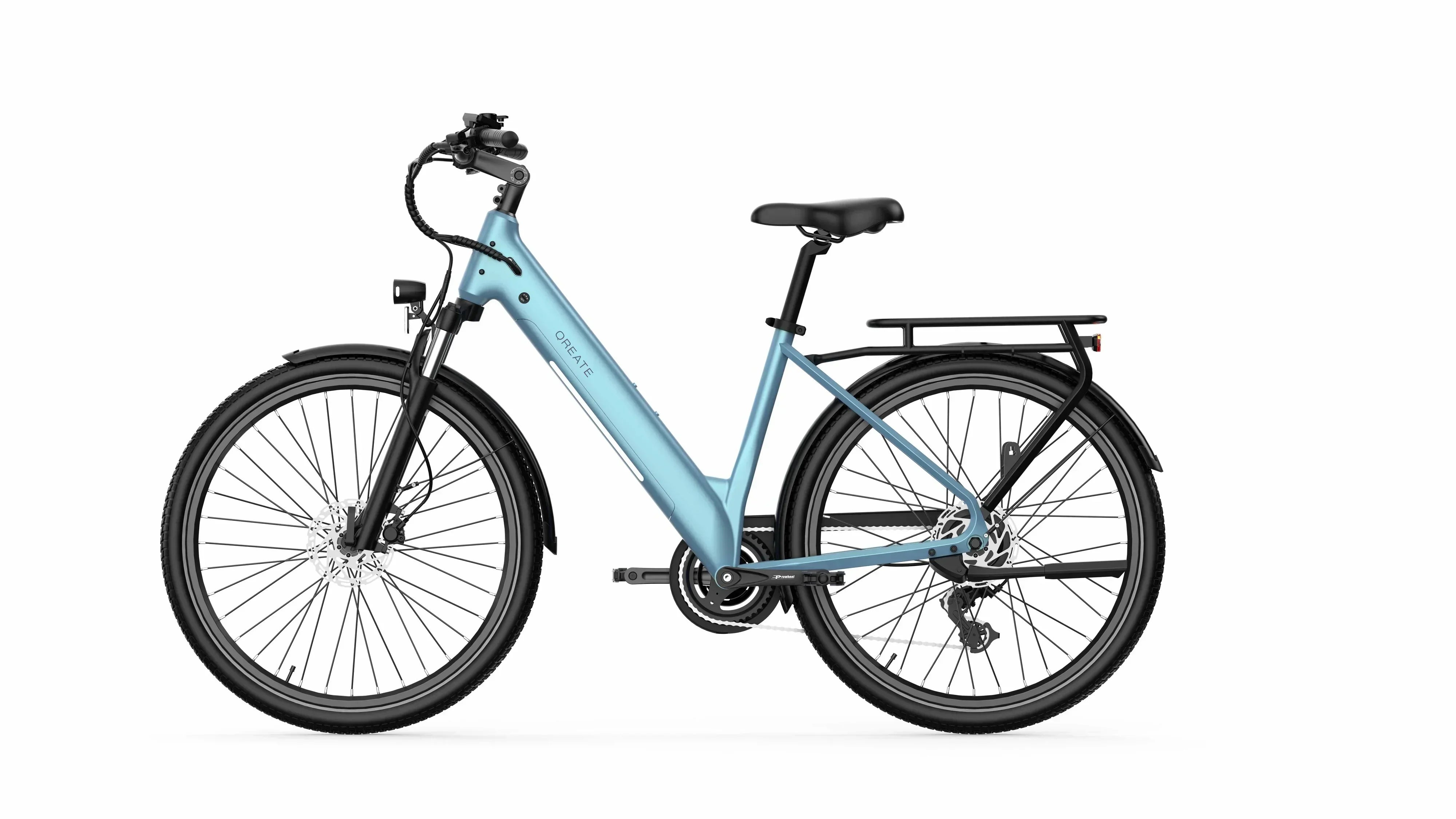 Light blue A-Spadz Qreate City Air Electric bicycle on a white background