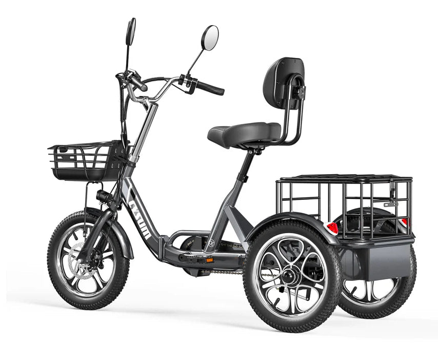 Cysum T1 Pro Tricycle-wheeled electric bike with a basket and seat on a white background