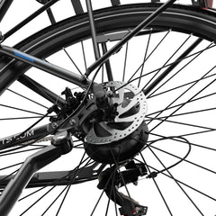 Close-up of a DUOTTS C29 Lite Electric bicycle wheel with disc brake system on a white background