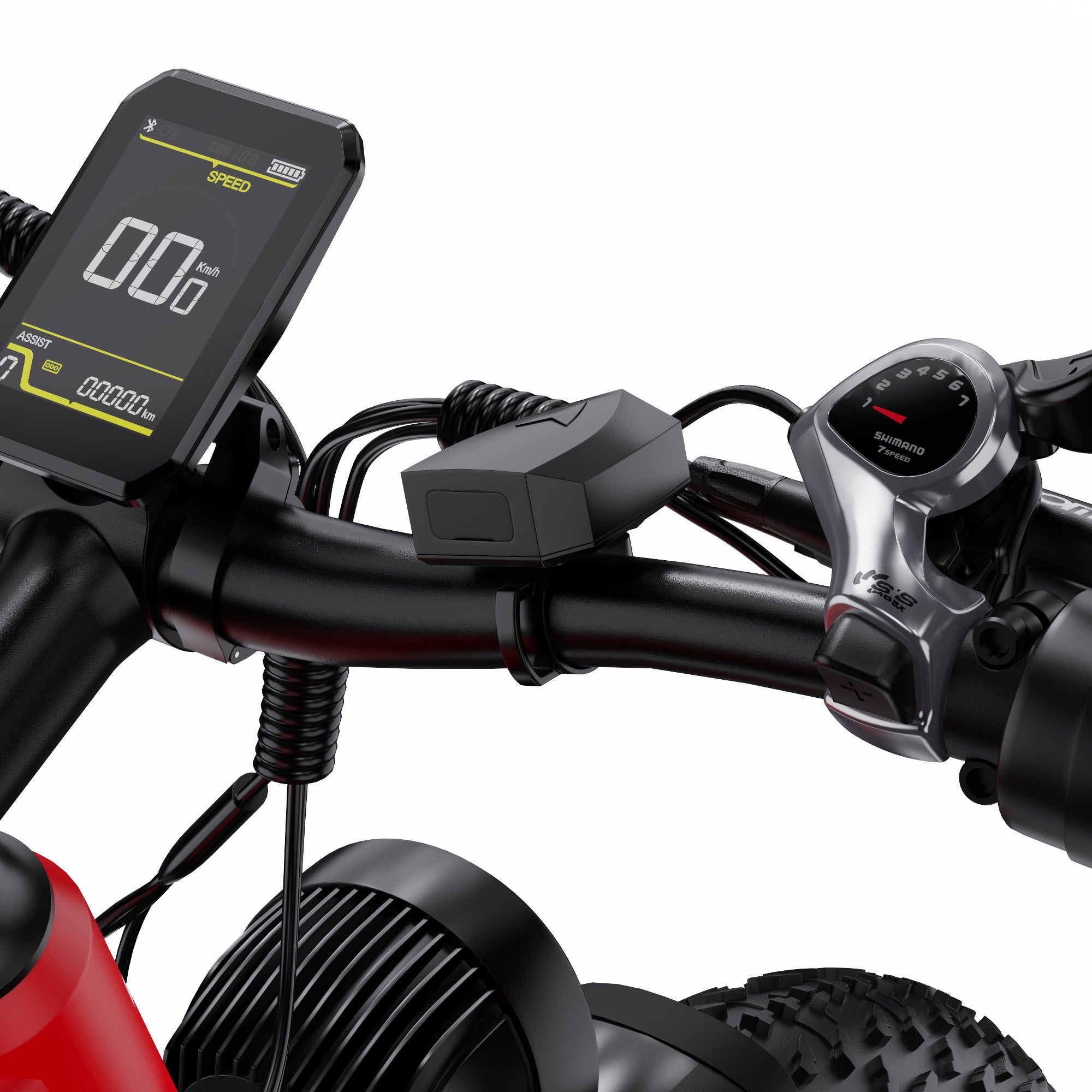 Close-up of a DUOTTS F26 Lite Bike handlebar with digital speedometer and control buttons on a white background