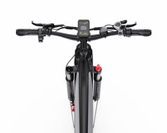 Close-up of a DUOTTS F26 Lite Electric Bike handlebar with a digital display on a white background