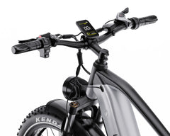 Close-up of an DUOTTS F26 Lite Electric Bike's handlebar with a digital display on a white background