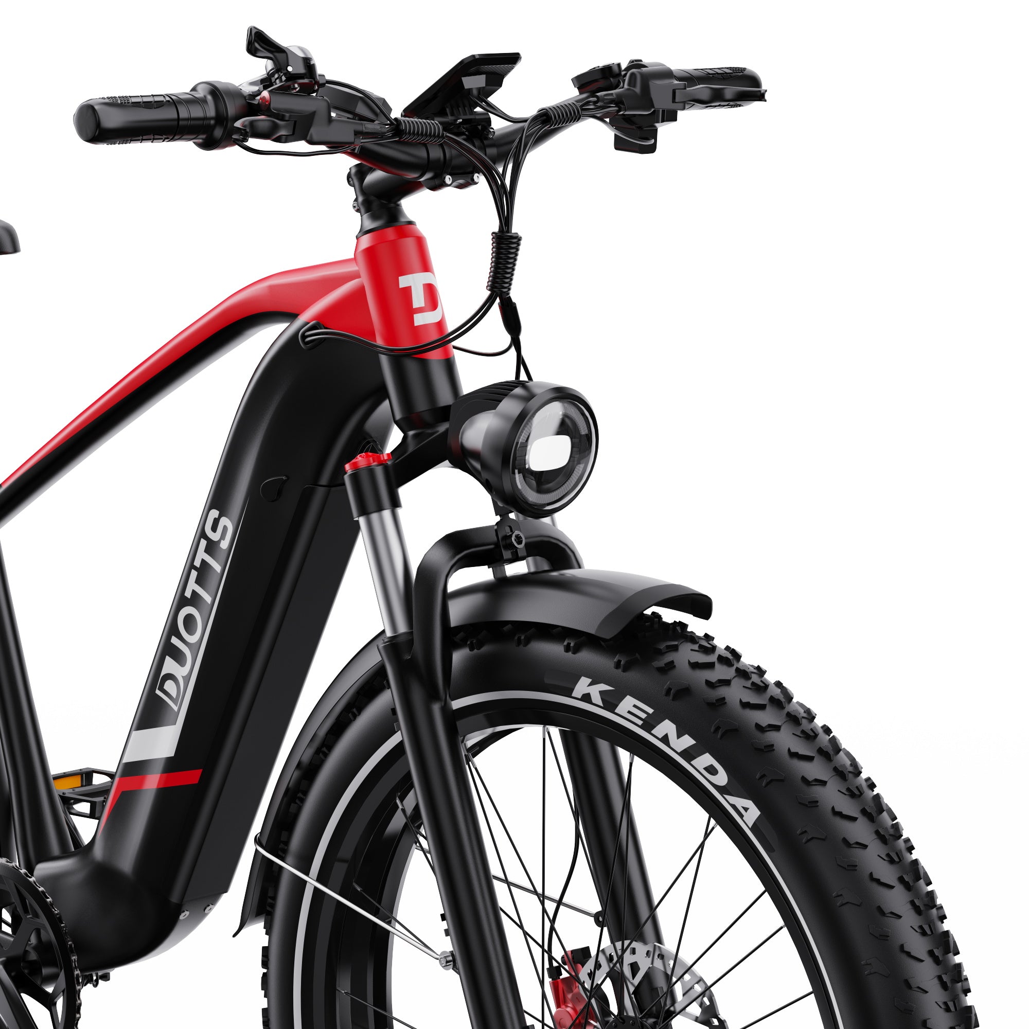 Close-up of a red and black DUOTTS F26 Lite Electric Bike with Duotts branding on a white background