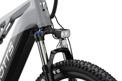 Close-up of a DUOTTS E29 Electric Bike's front suspension fork with brand logo on a white background