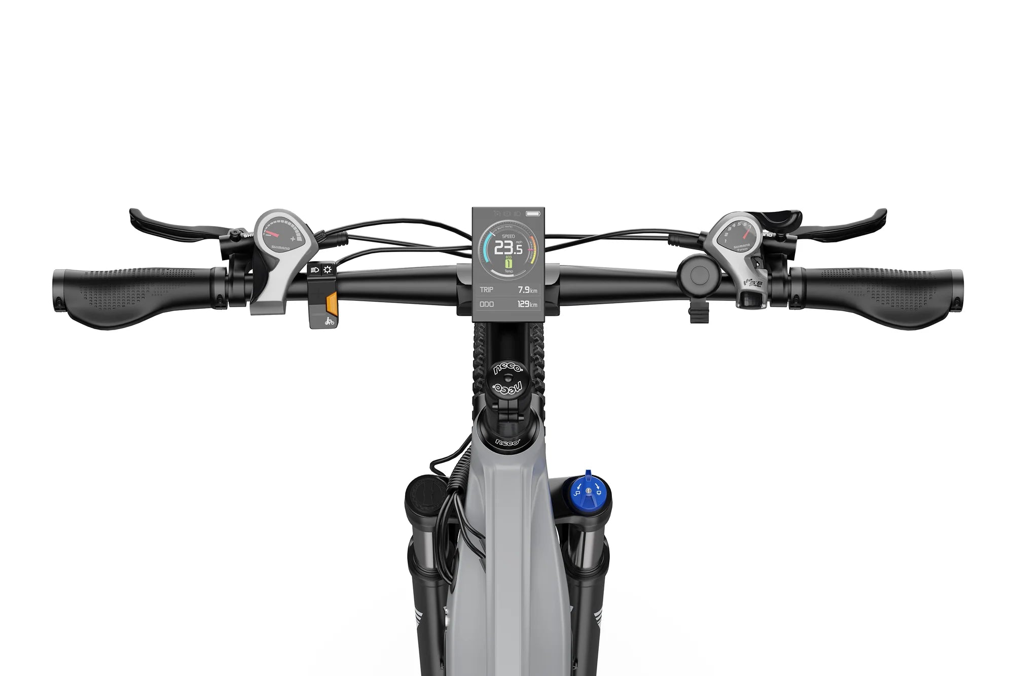 Close-up of DUOTTS E29 Electric Bike handlebar with digital display on a white background