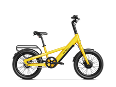 Yellow Heybike EC Compact Sport Electric Bicycle with black wheels on a white background