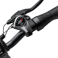Close-up of a Engwe EP-2 Pro bicycle handlebar with brake lever and gear indicator on a white background