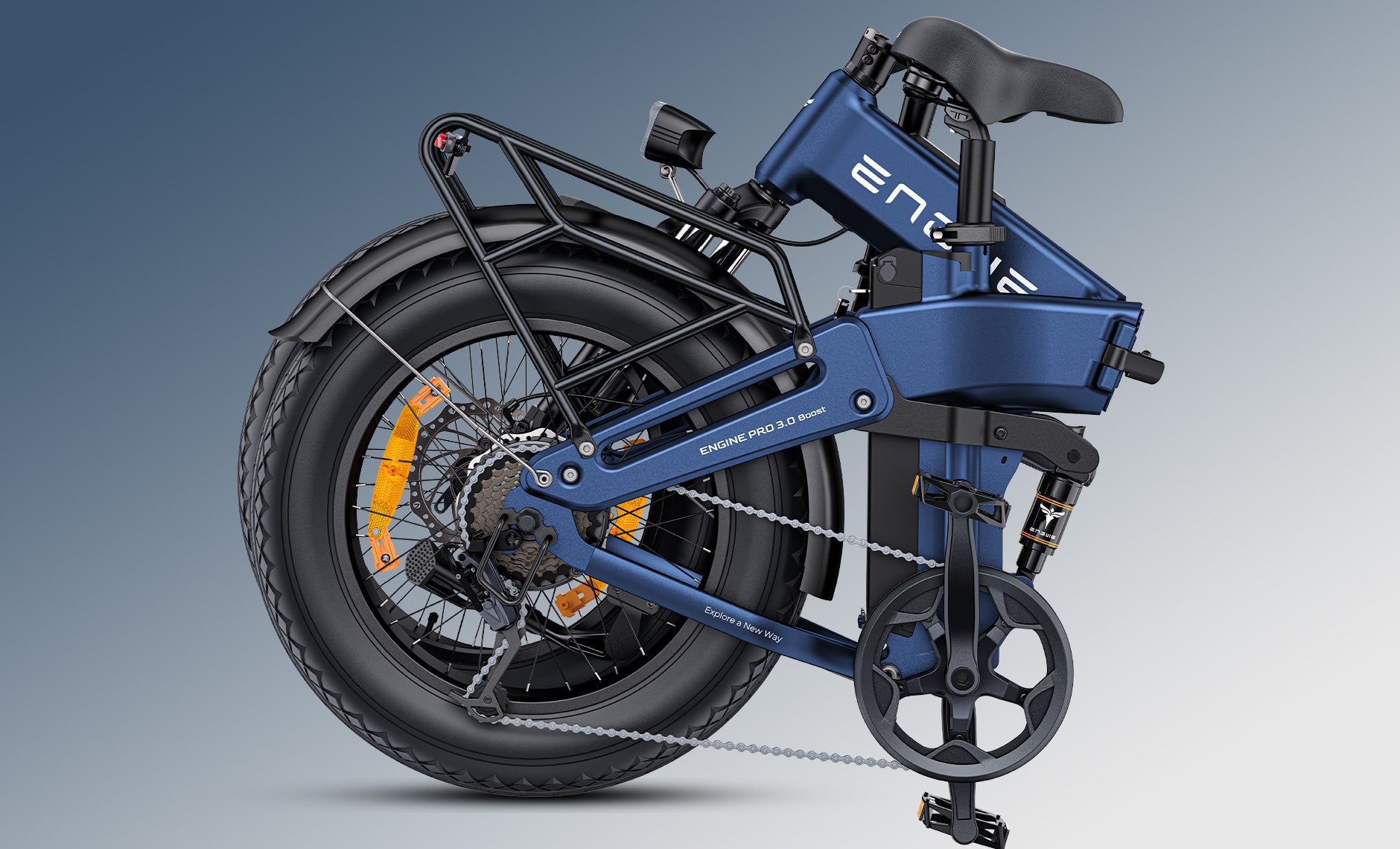 Blue Engwe Engine Pro 3.0 Boost Folding Electric Bike on a gradient gray background