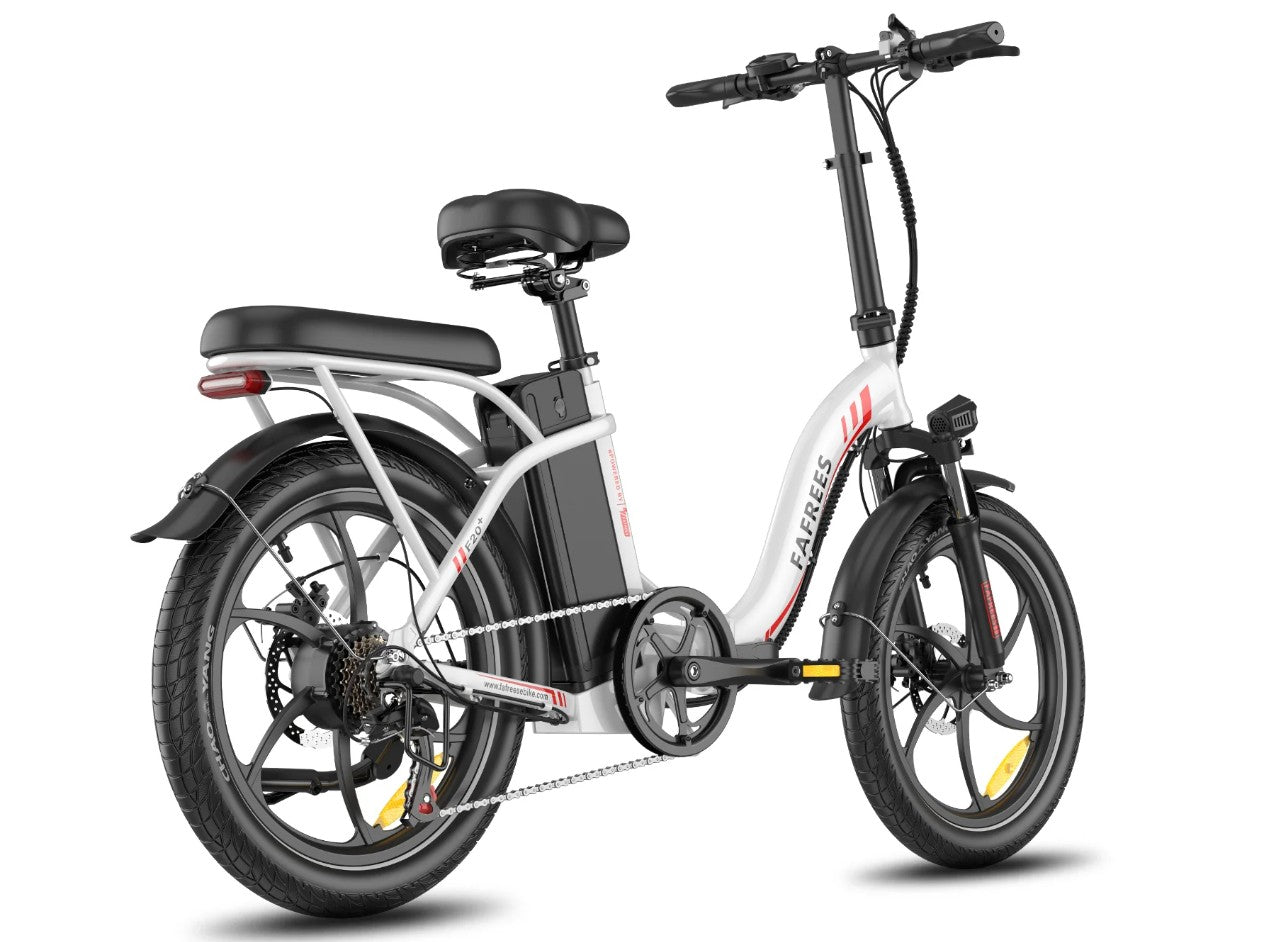 White Fafrees F20 Plus Folding Electric Bicycle with black seat and handlebars on a white background