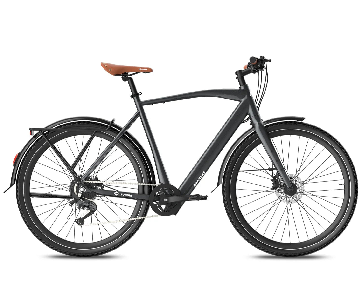 Black Fafrees F700M Electric bicycle with brown seat on a white background