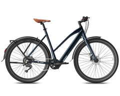 Navy Fafrees F700W Electric bicycle with a brown seat on a white background