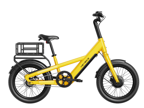 Heybike EC Compact City Electric Bike with black seat and wheels on a white background - Yellow @Pogo Cycles, Ireland