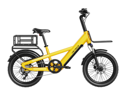 Yellow Heybike EC Compact Sport Electric Bike with a black seat and basket on a white background = Pogo Cycles, Ireland