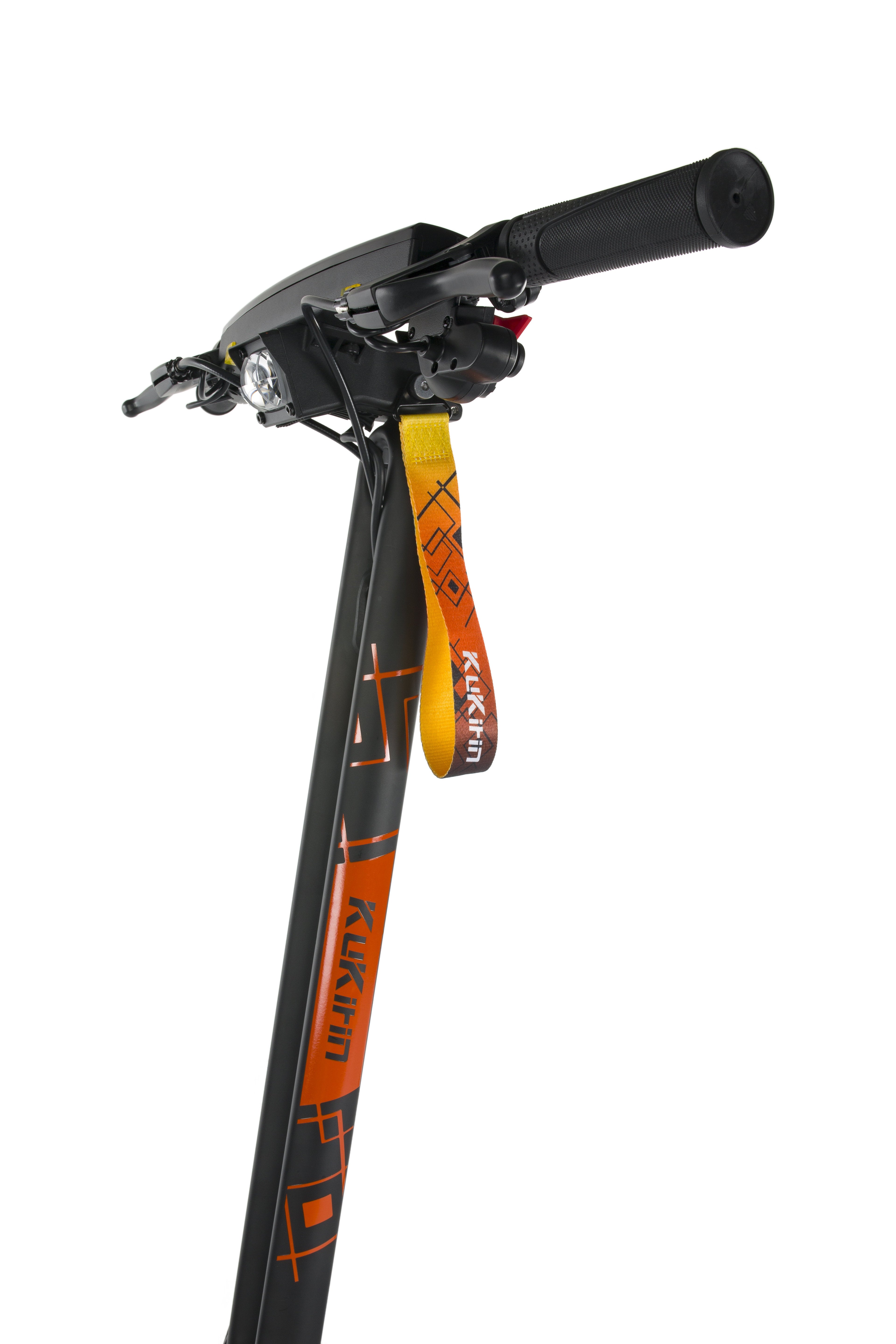 Bicycle suspension fork with orange and black design on a white background