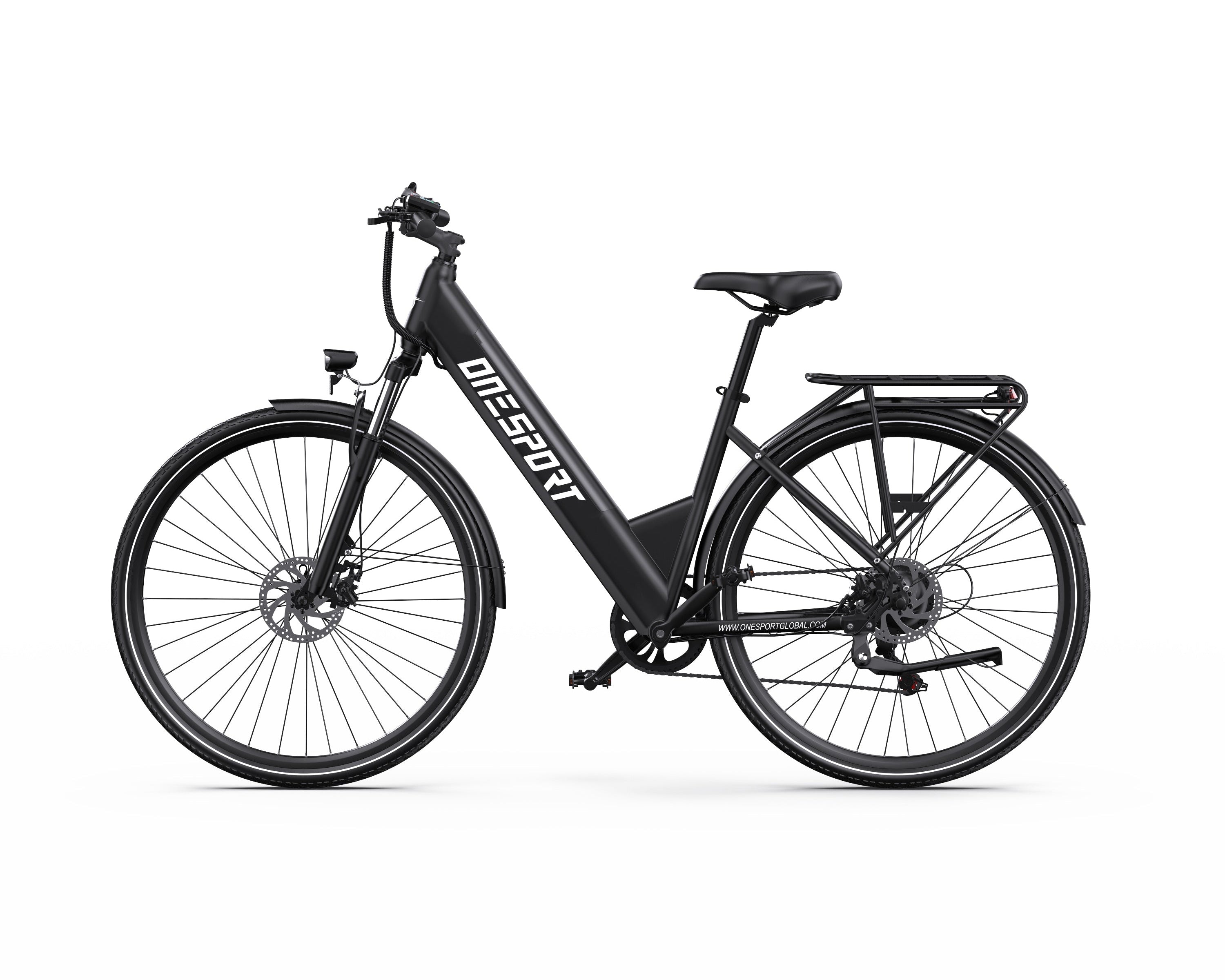 Black ONESPORT OT12 Urban Electric bicycle on a white background - Pogo Cycles, Ireland