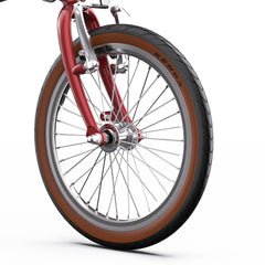 Close-up of a OneSport OT02 Compact Folding Electric Bike wheel with red frame and brown rim on a white background