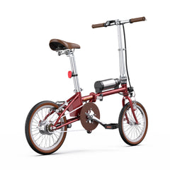 OneSport OT02 Compact Folding Electric Bike- Red with brown seat and handlebar on a white background