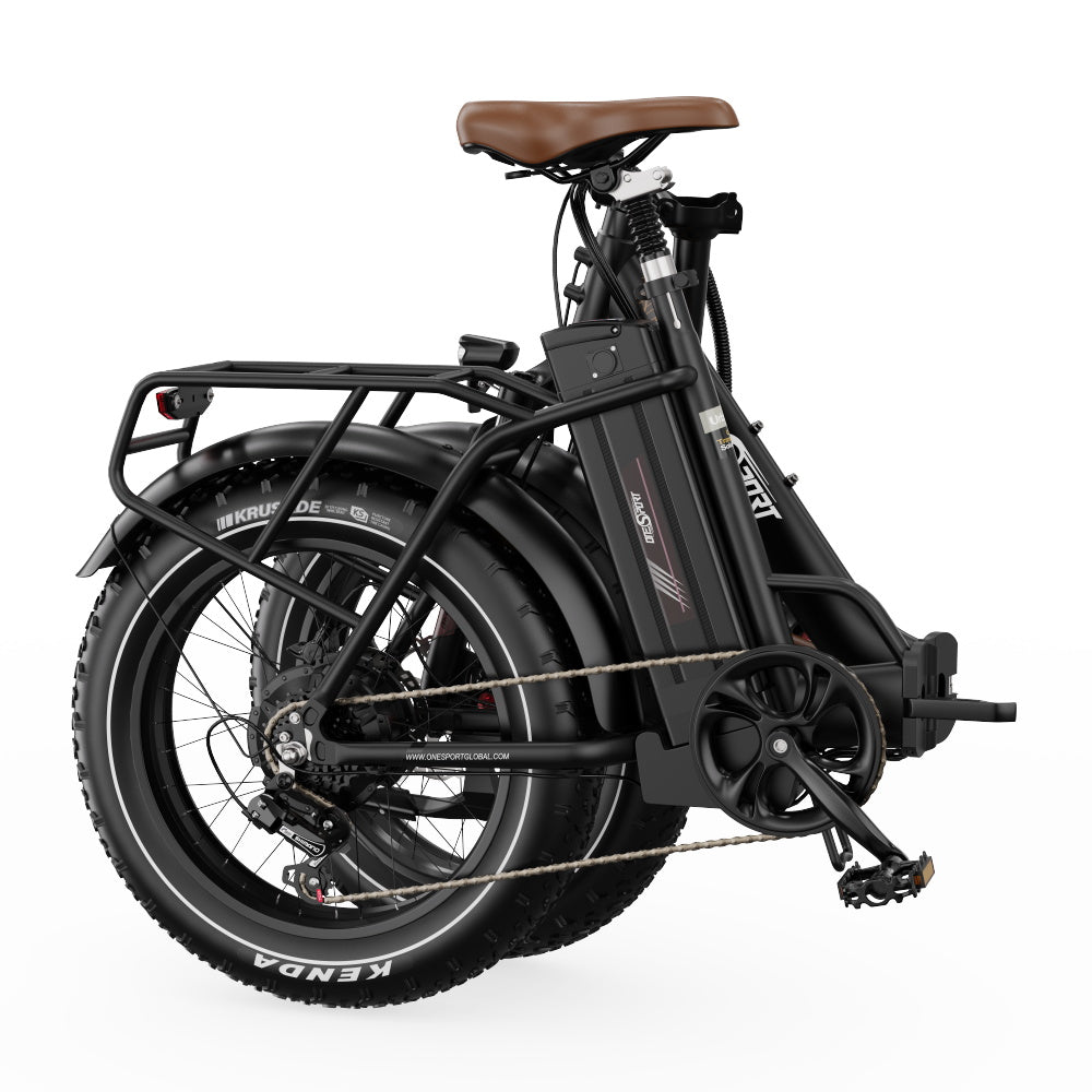 Folded View of Black Onesport OT16 MAX Folding Electric Bike with a brown seat on a white background