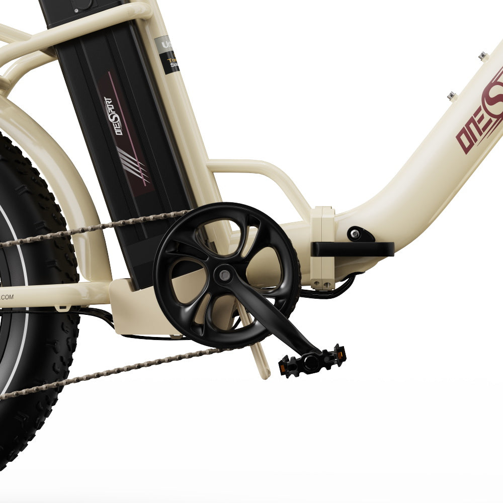 Close-up of a beige Onesport OT16 MAX Folding Electric Bike with visible branding on a white background