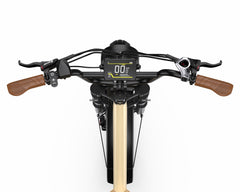 Close-up of a Onesport W77 Electric motorcycle handlebar with wooden grips and digital display on a white background