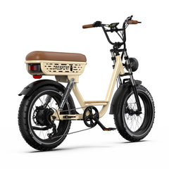 Beige Onesport W77 Electric Bike with brown seat on a white background - Pogo Cycles, Ireland