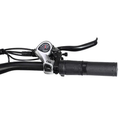 Close-up of a PHILODO Jumbo Dual Motor Electric Bicycle handlebar with a black textured grip, black brake lever, and a small round speedometer mounted on a silver clamp, isolated on a white background.