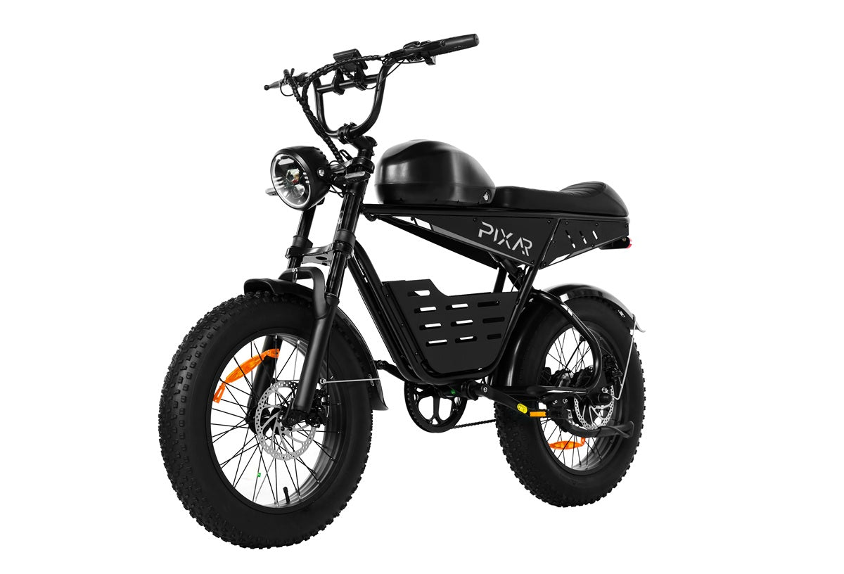 Black Super V electric bike with 'PIXAR' branding on a white background