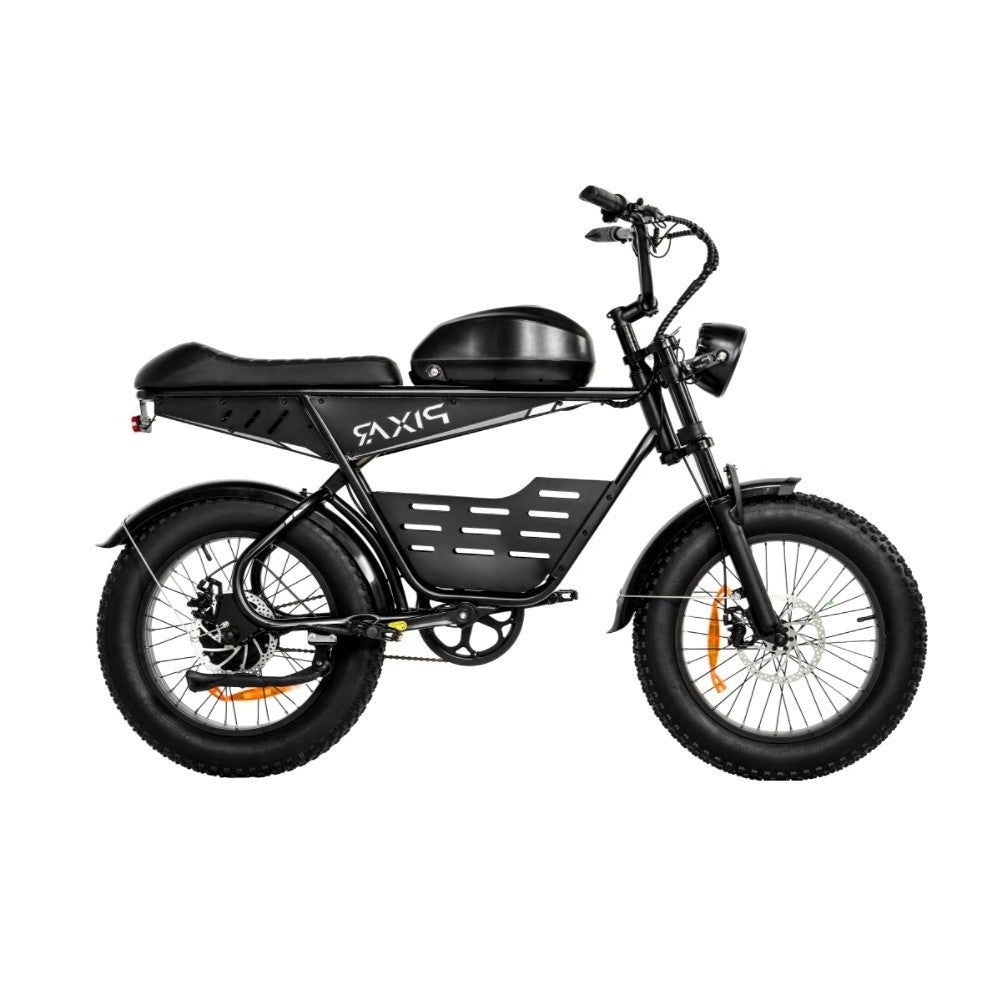 Black electric bike with 'PIXAR' branding on a white background