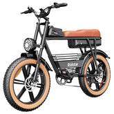 Black electric bike with orange seat on a white background, featuring the brand 'Ridstar'.