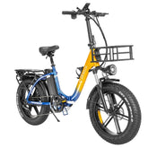Yellow and blue electric bike with a black seat and front basket on a white background