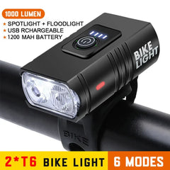 2T6 LED cykelforlygte 1000LM aluminiumslegering cykellygte USB genopladelig MTB bjergcykellampe