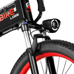 Close-up of an SAMEBIKE LO26-Plus Electric Bike with a visible brand logo on a white background