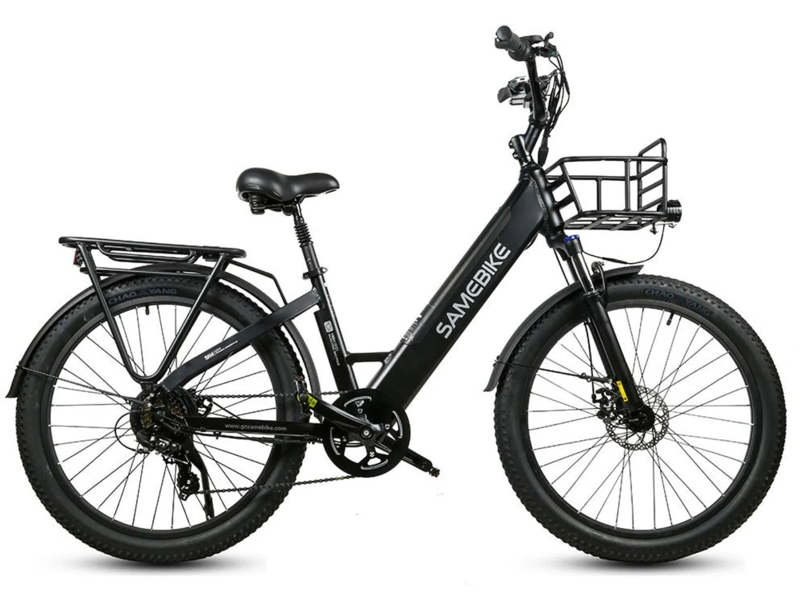 Black electric bike with a basket on a white background -Samebike RS-A01 Plus Electric Bike
