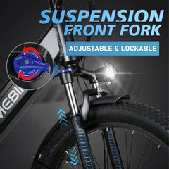 Samebike RS-A01 Plus Electric Bicycle suspension front fork with adjustable and lockable feature, brand 'Neebi' visible.