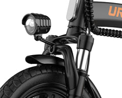 Close-up of a black URLIFE F1L Compact Folding Electric Bike with a headlight and visible brand logo on a white background