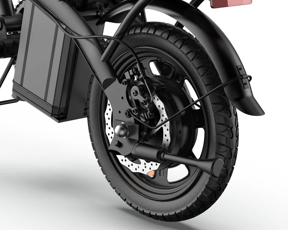 Close-up of a URLIFE F1L Compact Folding Electric motorcycle wheel with suspension on a white background