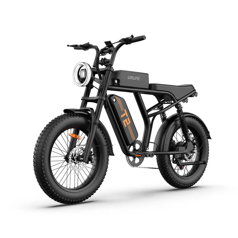 Black URLIFE T2 Off Road Electric Motorcycle with visible branding on a white background