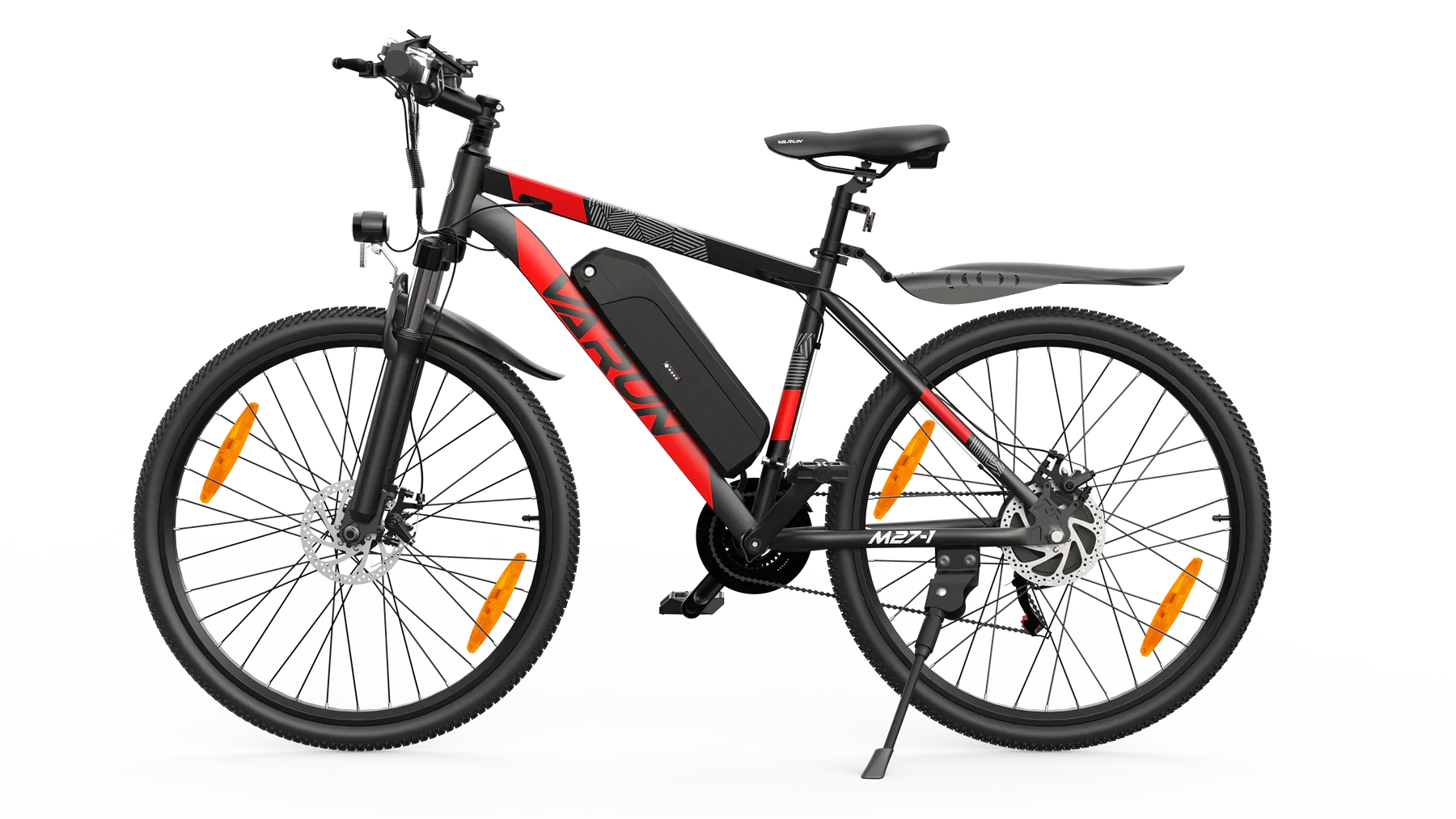 Black and red VARUN M27-1 Electric bicycle on a white background