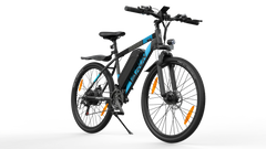 Close-up view of Black VARUN M27-1 Electric bicycle with blue accents on a white background