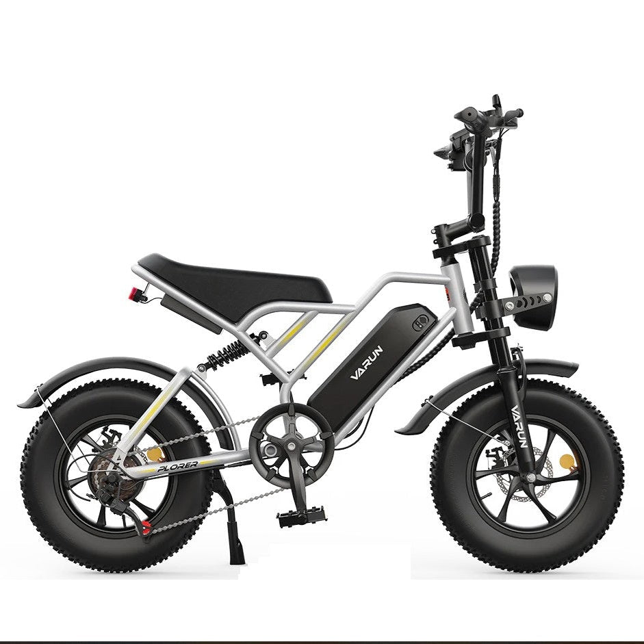 Varun PLORER All-Terrain Electric Bike with black seat and visible brand logo on a white background