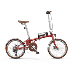 Red Onesport OT02 Pro folding bicycle with brown seat on a white background