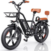 Black electric bike with brown seat and rear child seat on a white background, featuring the Ridstar brand.