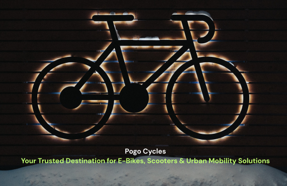 Illuminated bicycle outline on wooden wall with Pogo Cycles e-bikes and scooters tagline