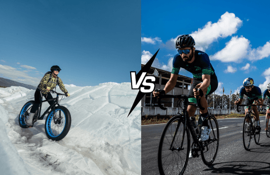 Electric fat bike riding on snow vs road cyclist, e bikes comparison by Pogo Cycles