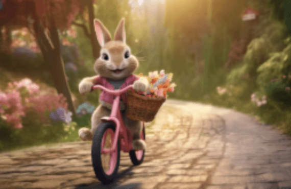 Animated bunny riding a pink bicycle with basket of flowers on a sunlit garden path