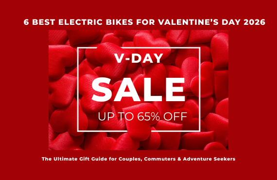 Valentine’s Day sale banner with red hearts background highlighting electric bike discounts.