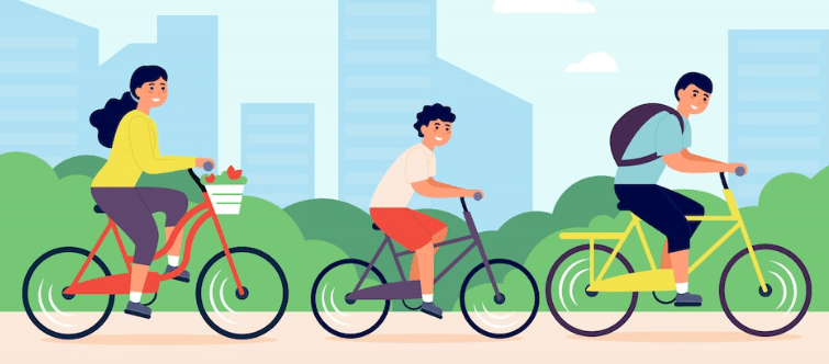 Illustration of three people riding bicycles in a city park, promoting affordable e-bikes and scooters from Pogo Cycles.