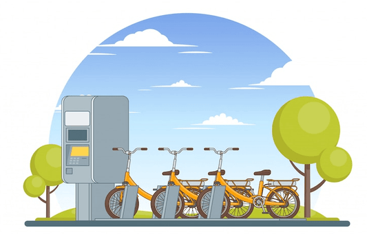 yellow electric bikes parked at outdoor charging station, side view, city park setting